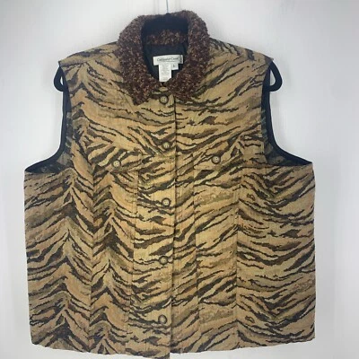 Coldwater Creek L Chaleco Tapiz Estampado Animal Artístico Boho Imitación Piel Borde Mob Esposa Foto 1 de 4