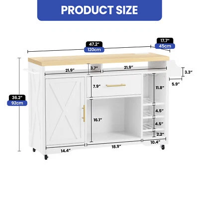 Farmhouse Kitchen Island Cart 47" Rolling Buffet Sideboard Storage Organizer - Image 1 of 4
