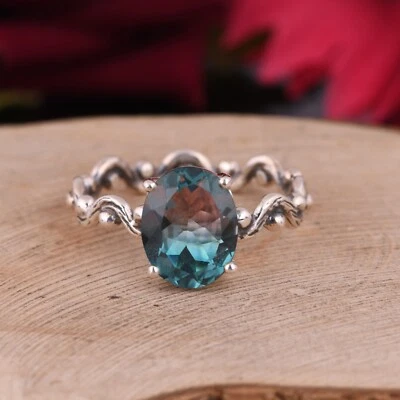 Alexandrite Wave Band Ring Engagement 925 Sterling Silver Rings For Gift Her - Image 1 of 4