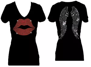 CAMISETA MANGA CORTA DE CUELLO EN V CON CUELLO EN V DE LIENZO ROJO LABIOS ANGEL ALAS RHINSTONE - Imagen 1 de 3