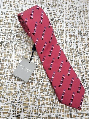 NWT $190 Burberry Mens Red White Blue Allover Logo Print 100% Silk Tie AUTHENTIC - Image 1 of 4