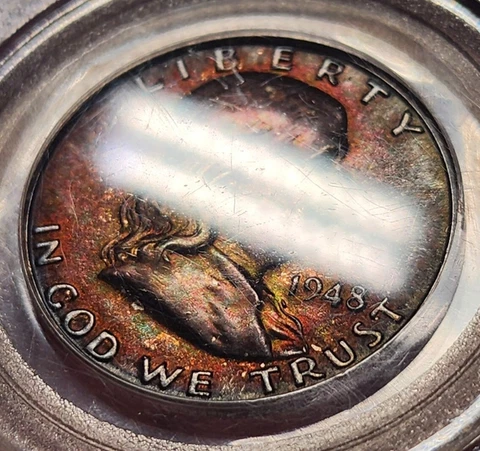1948 D 50C Franklin Half Dollar PCGS MS64FBL Rainbow Toned Series 46 Holder Cover