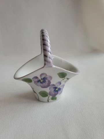 Miniature Basket Purple Pansies Andrea By Sadek Hand Painted Ceramic Porcelain Cover