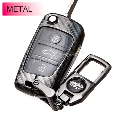 Carbon Fiber Metal Car Flip Key Fob Chain Cover Case For Audi A1 A3 A4 A6 Q3 TT - Image 1 of 4