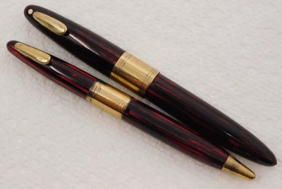 VNTG 4.3" Sheaffer Tuckaway Red Striated Fountain Pen & Pencil 14k Triumph Nib - Image 1 of 4