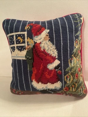 Santa Needlepoint Throw Pillow Zippered Santa Christmas Holiday Decor 10”x10” - Image 1 of 4