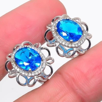 Pendiente de plata de ley 925 con topacio azul y circonita cúbica de Londres 0,7" E701-168 Foto 1 de 4