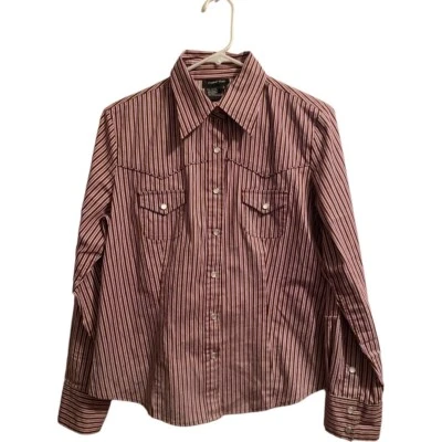Blusa con botones de vaquera occidental Central Park! Rayas grandes rosadas y marrones para mujer Foto 1 de 4