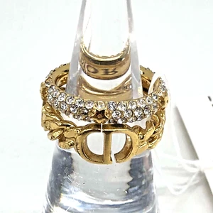 Christian Dior Petit CD Logo Gold Tone Rhinestone Ring Set Size 5.75 & 6.25 US - Picture 1 of 5