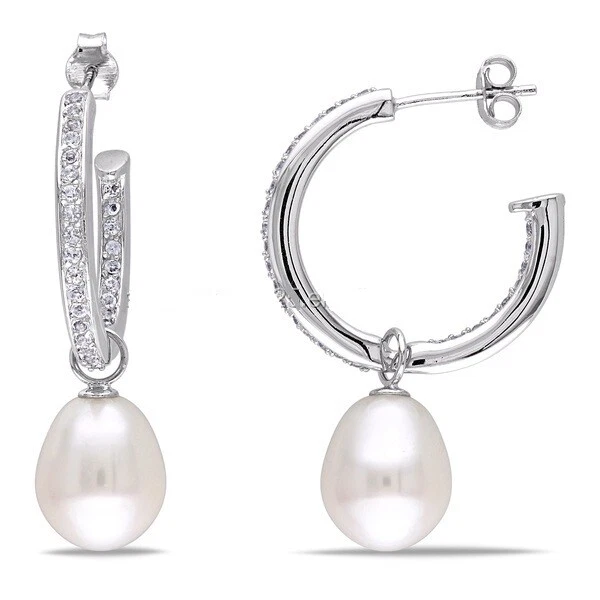 Orecchini in argento 925 con zirconi a cerchi con perla pendente - Immagine 1 di 1