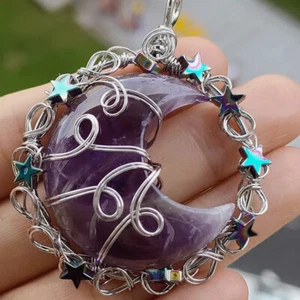 Natural steel wire winding star moon carving pendant crystal quartz healing new - Picture 1 of 16