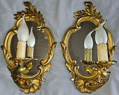 Paire d'appliques en bronze doré avec miroir - Style Louis XV Coquille & Laurier - Photo 1/4
