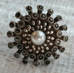 Sterling Silber 925 Sterling Silber/Marcasit/Perle Sputnik Ring Größe 5 3/4 Exc - Bild 1 von 6