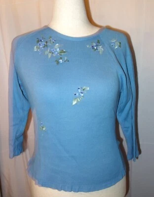 Suéter Pullover H.Cooper Azul Pintado a Mano Diseño Floral Manga 3/4 Mediano Nuevo sin Etiquetas Foto 1 de 4