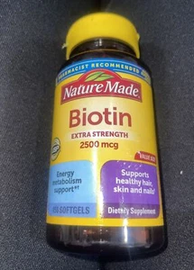 Nature Made Extra Strength Biotin 2500 mcg Healthy Hair Skin & Nail 150 Softgels - Picture 1 of 2