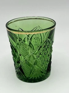 EAPG McKee & Brothers SUNBEAM Emerald Green Shot Glass Votive Gold Gild c 1898 - Picture 1 of 8