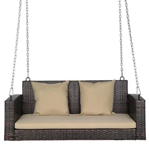 2-Person Patio Rattan Hanging Porch Swing Bench Chair for Outdoor Silver Chains - Picture 1 of 12