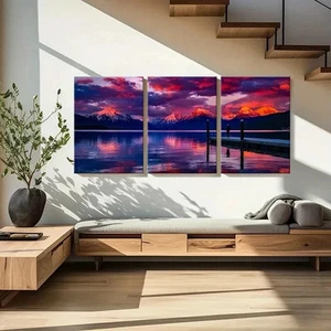 3pcs Snow Mountain Lake at Sunset Wall Art Canvas Framed 50x70cm - Picture 1 of 3