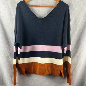 Maglione Prana donna taglia media blu navy doppio scollo a V pullover fori pollice a righe - Foto 1 di 6