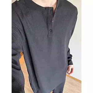 Men Henry Collar Long Sleeve T-shirt American T-shirt Waffle Loose Sports Top - Picture 1 of 14