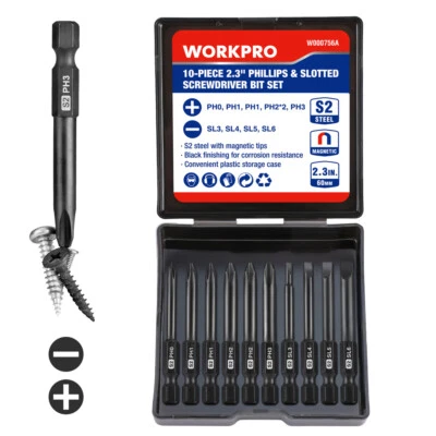 WORKPRO 10PC Slotted Phillips Screwdriver Bit Magnetic 1/4" Hex Shank Driver Bit - Image 1 of 4