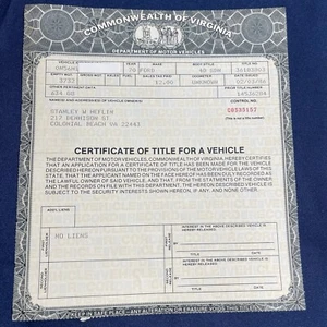 1970 Ford 4 Door Sedan 4D SDN Certificate Historical Document Virginia - Picture 1 of 4