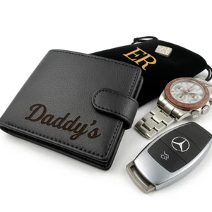 wallet leather black engraved mens personalised boyfriend fathers day dad gift - Picture 1 of 13