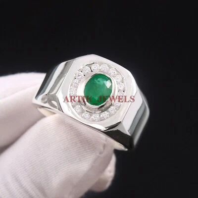 Labor Erstellt Smaragd Edelstein Mit 925 Sterlingsilber Ring für Herren #4208 - Bild 1 von 3