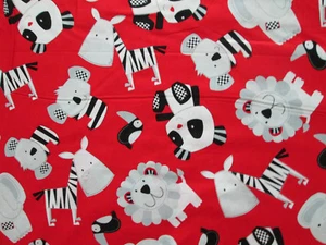 ANIMALS PANDA LION ZEBRA ELEPHANT TOUCAN MMOD RED COTTON FABRIC FQ  - Picture 1 of 4