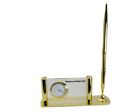 Gold Finish Business Or Name Card Holder Desk Top W/Pen Quartz Mini Clock.
