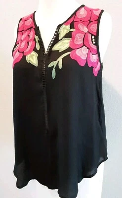 ANTHRO/FLOREAT-Pinnacle Tank Top Bold Embroidery Front & Back Ladder Lace Sz S Foto 1 de 4