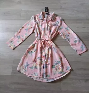 Boohoo Savannah Pink Floral Shirt Dress Tie Belt BNWT Long/3/4 Tab Sleeves UK14 - Picture 1 of 22