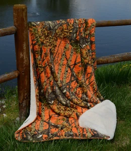 ORANGE CAMO Camouflage Woods Sherpa Luxury Light Weight Soft Blanket 50"x70" - Picture 1 of 3