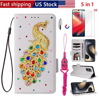 For Samsung iPhone Motorola Case Bling Peacock Leather Flip Wallet Phone Cover - Image 1 of 4