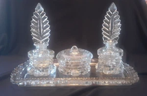 Nice Cut Glass Art Deco Perfume Bottles w/ Feather Stoppers Trinket Jar & Tray  - Picture 1 of 14