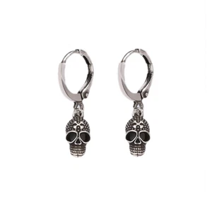 Men Women Tibetan Silver Punk Biker Dangling Skull Huggie Hoop Earrings PE60 - Picture 1 of 5