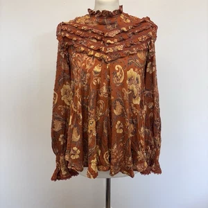Spell & The Gypsy Blouse Size Small Brown Floral Ruffle Boho Autumn - Picture 1 of 13