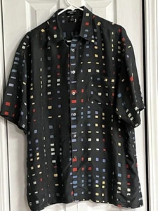 Riscatto 100% Silk Shirt Mens Large Black with AO Multi-Color Print Pocket EUC - Picture 1 of 14