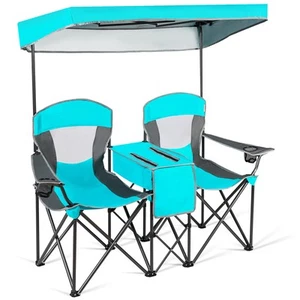 Portable Folding Camping Canopy Chairs w/ Cup Holder Cooler Outdoor Turquoise - Picture 1 of 12