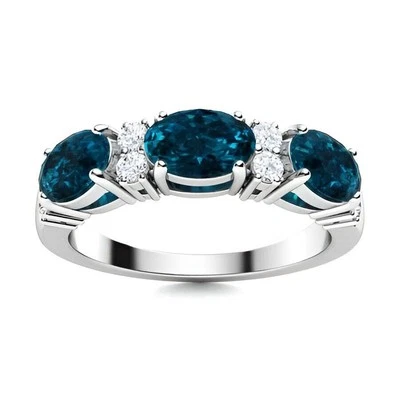 London Blue Topaz Brilliant-Cut Oval 6x4mm Three Stone Ring With Rhodium Plated - Image 1 of 4
