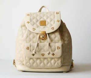 MCM Cream White Leather Quilted Large Backpack - Picture 1 of 14
