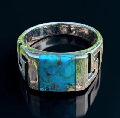 sz 10 Turquoise Polished Greek Key Chunk Ring New .925 Sterling Silver Band - Image 1 of 4