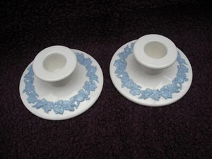 Vintage Wedgwood Embossed Queen's Ware Lavender on Cream Pair of Candlesticks. - Picture 1 of 4