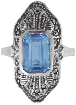 Aquamarine And Marcasite Victorian Style Cocktail Ring 925 Sterling Silver - Image 1 of 4