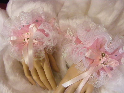 SISSY PINK SEQUIN LACE WRIST CUFFS LOLITA FANCY DRESS OPT BELLS KAWAII COSPLAY - Image 1 of 4