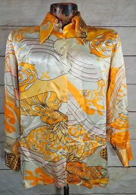 True Vtg 60's Carole Sue Satin Loop Collar Shirt Women's M MCM Abstract Art AOP - Image 1 of 4