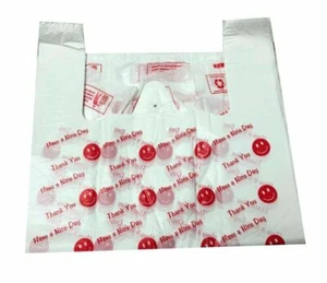 Strong Plastic Vest Carrier Bags Smiley Face Thank You Have a Nice Day Printed - Picture 1 of 2