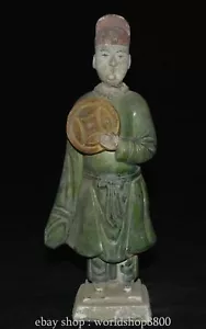 11" Ancient China Collect Tang Sancai Pottery People Character Hold Coin Statue - Picture 1 of 10