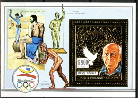 Guyana 1992 Pablo Picasso Olympic Games 92 Barcelona Block 232 a Gold Perf Cover