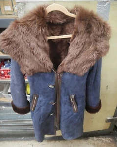 Real Toscana Sheepskin Shearling Lamb Fur Coat Jacket Blazer Suede Blue Jeans XS - Picture 1 of 14